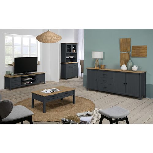 Buffet Bas 3 Portes 3 Tiroirs Bois Ciré Et Bleu Pétrole - Tina