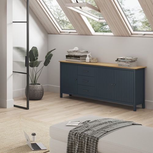 Buffet Bas 3 Portes 3 Tiroirs Bois Ciré Et Bleu Pétrole - Tina