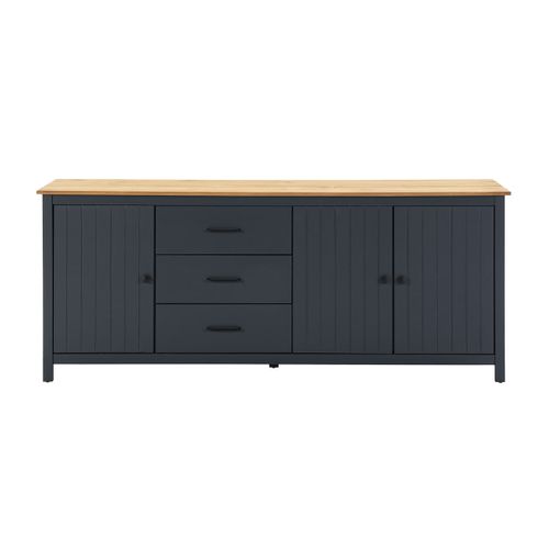 Buffet Bas 3 Portes 3 Tiroirs Bois Ciré Et Bleu Pétrole - Tina