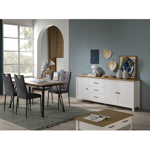 Buffet Bas 3 Portes 3 Tiroirs Bois Ciré Et Blanc - Tina