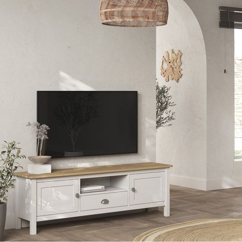 Meuble TV 2 Portes 1 Tiroir En Pin Massif Naturel Et Blanc - Basco