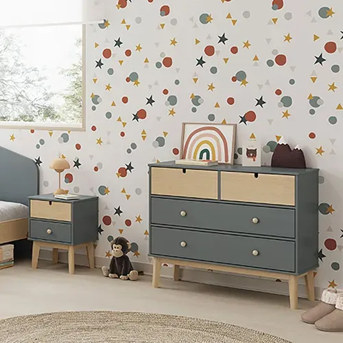 Commode 4 Tiroirs Mdf Et Pin Coloris Gris Vert Et Naturel - Kaina