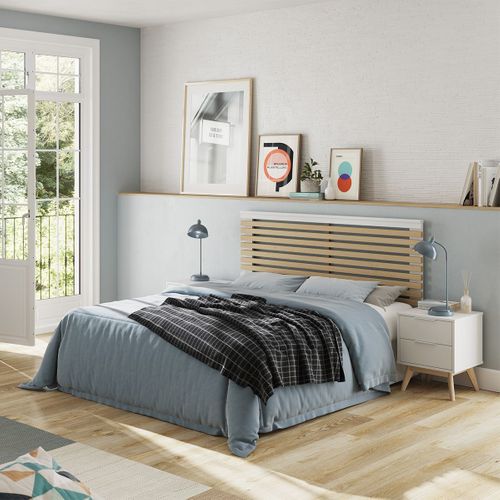 Laupell - Chambre 140x190cm Avec Commode 3 Tiroirs Pin Naturel Et Blanc Scandinave