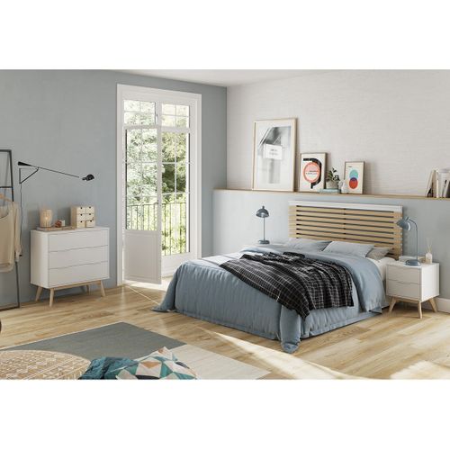 Laupell - Chambre 140x190cm Avec Commode 3 Tiroirs Pin Naturel Et Blanc Scandinave