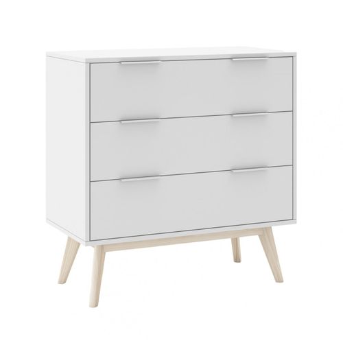 Laupell - Chambre 140x190cm Avec Commode 3 Tiroirs Pin Naturel Et Blanc Scandinave