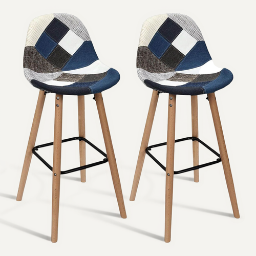 Lot De 2 Tabourets Patchwork Bleu Et Gris - Damas