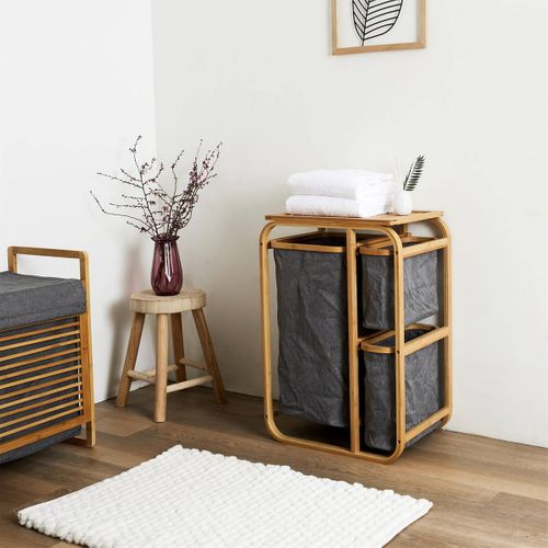 Lazen - Rangement À 3 Panières En Bambou Et Tissu Gris