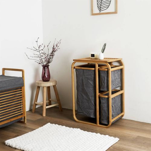 Lazen - Rangement À 3 Panières En Bambou Et Tissu Gris