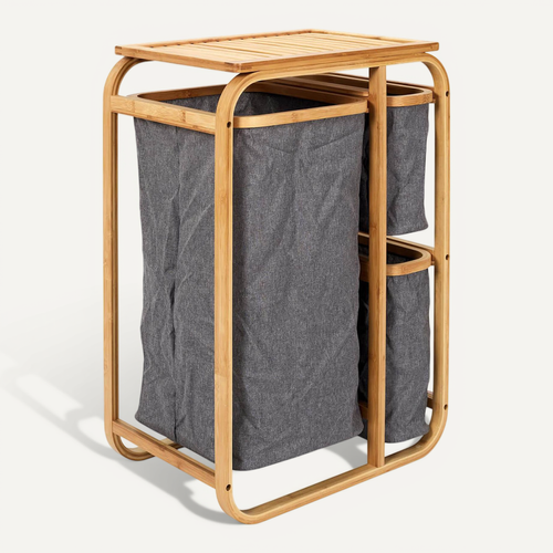 Lazen - Rangement À 3 Panières En Bambou Et Tissu Gris