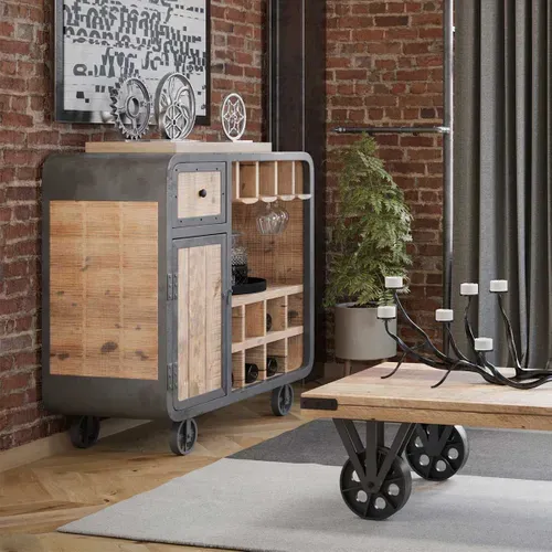 Meuble Bar Multi-rangements Acier Et Bois Massif - Edwin