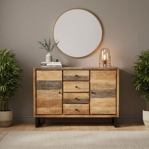 Buffet 2 Portes 4 Tiroirs Acier Et Bois Massif - Odilon