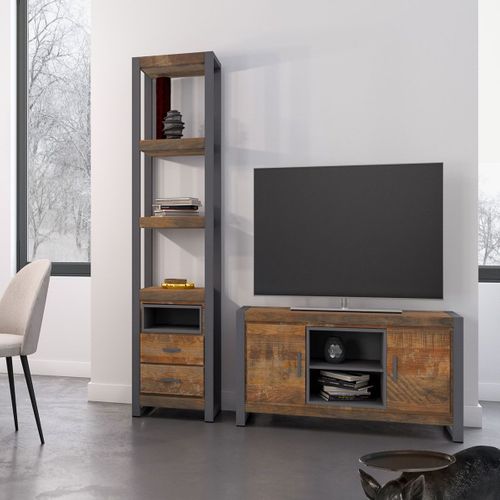 Meuble TV 2 Portes Bois Et Acier Patiné - Palissa