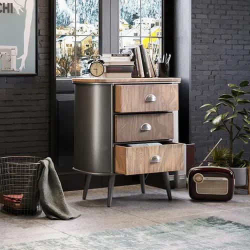 Palisso - Commode 3 Tiroirs Bois Et Acier Patiné