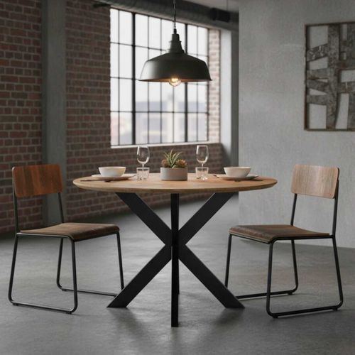 Myriam - Table De Repas Ronde Bois Et Acier Noir Mat