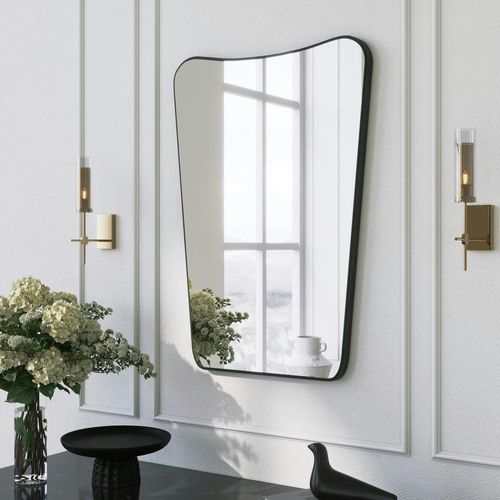 Miroir Mural Asymétrique En Bois Noir Moderne - Forme Unique 20x16 Pouces, Déco Élégante Salon Chambre Salle De Bain