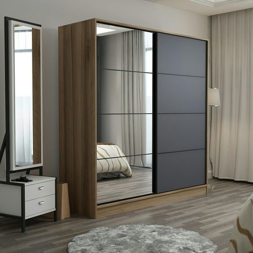 Armoire Penderie Chambre, 1 Porte Grise et Miroir H 210 Cm Byron