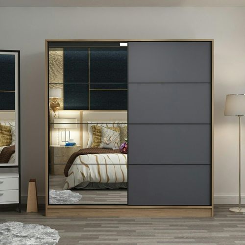 Armoire Penderie Chambre, 1 Porte Grise et Miroir H 210 Cm Byron