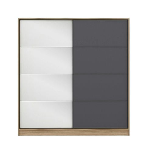 Armoire Portes Coulissantes Effet Bois et Gris, 1 Miroir Byron
