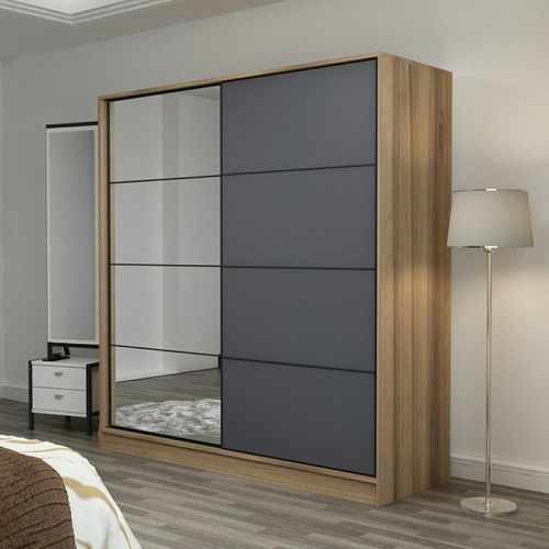 Armoire Portes Coulissantes Effet Bois et Gris, 1 Miroir Byron