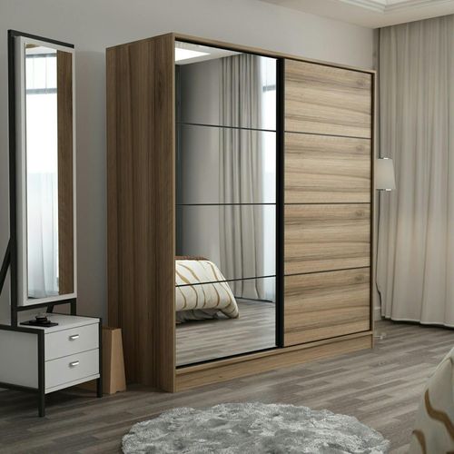 Armoire Penderie Coulissante Effet Bois 1 Miroir H. 210 Cm Byron