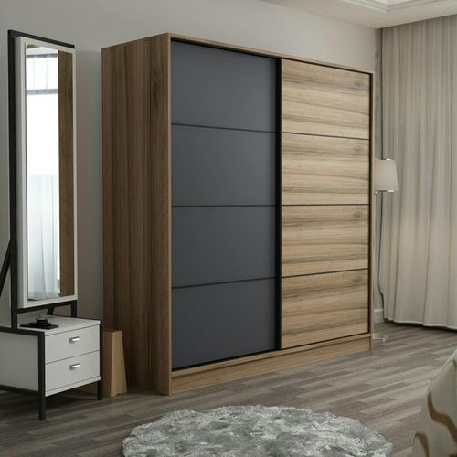Armoire Portes Coulissantes Effet Bois, 1 Face Grise Byron