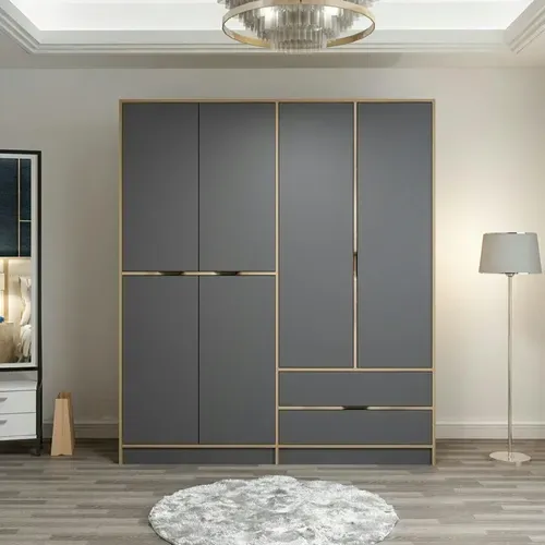 Armoire Penderie Moderne - 6 Portes Grises L.185 Cm Byron