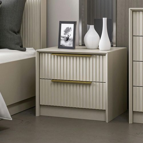 Table De Chevet Taupe 2 Tiroirs Rainurés, Style Moderne Byron