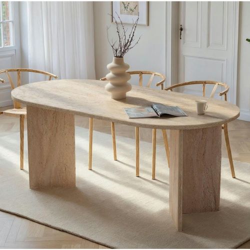 Table à Manger Moderne Effet Travertin Pieds En V 180 Cm Marfa