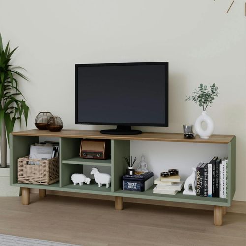 Meuble TV Cannage, 3 Portes Sauge Plateau Effet Chêne Varen