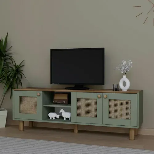 Meuble TV Cannage, 3 Portes Sauge Plateau Effet Chêne Varen