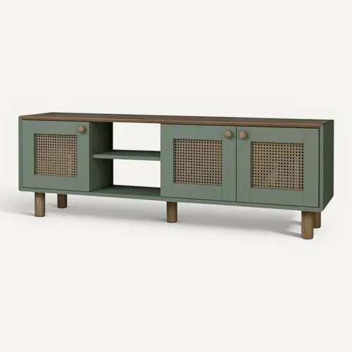 Meuble TV Cannage, 3 Portes Sauge Plateau Effet Chêne Varen