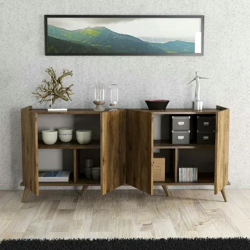 Buffet Moderne 4 Portes Effet Noyer, Rebords Hauts Umea