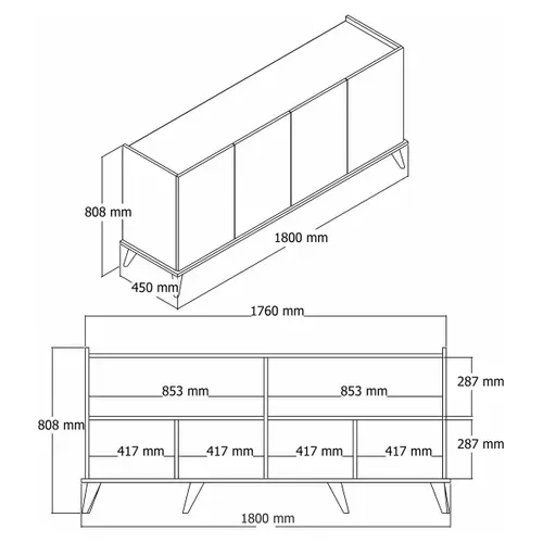 Buffet Moderne 4 Portes Effet Noyer, Rebords Hauts Umea