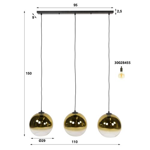 Suspension Îlot Cuisine 3 Globes Verre Finition Doré Ralf