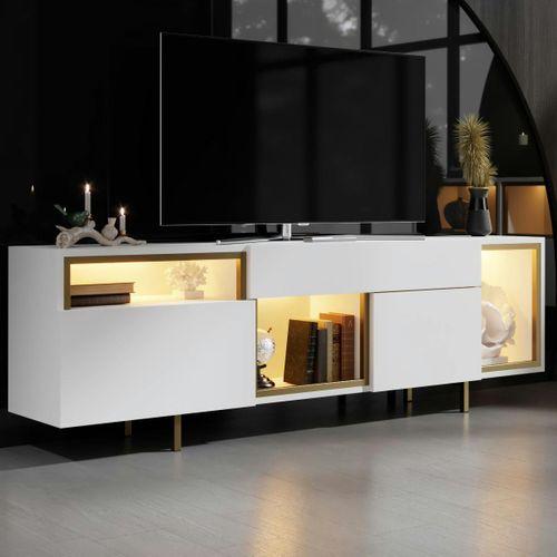 Buffet Blanc Et Doré 2 Portes 3 Niches LED Aura