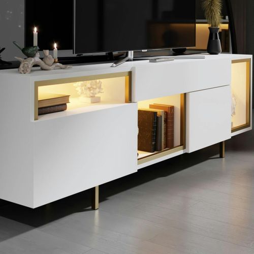 Buffet Blanc Et Doré 2 Portes 3 Niches LED Aura