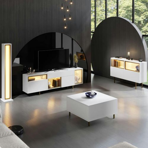 Buffet Blanc Et Doré 2 Portes 3 Niches LED Aura