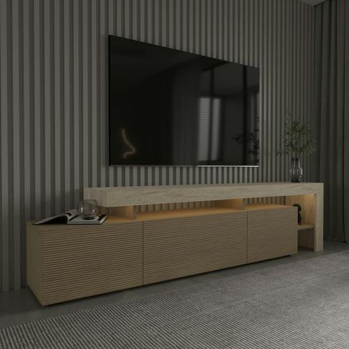 Meuble TV 3 Portes Décor Bois Travertin Cadre Ouvert Aura