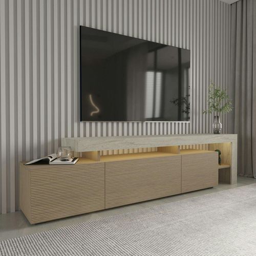 Meuble TV 3 Portes Décor Bois Travertin Cadre Ouvert Aura