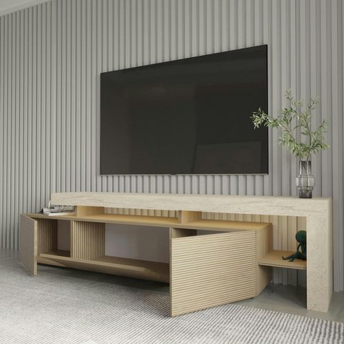 Meuble TV 3 Portes Décor Bois Travertin Cadre Ouvert Aura