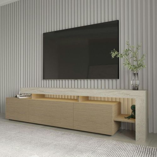 Meuble TV 3 Portes Décor Bois Travertin Cadre Ouvert Aura