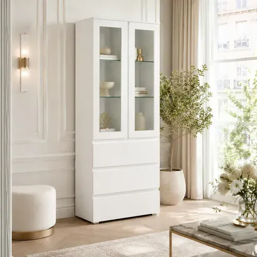 Vaisselier Vitrine Blanc Moderne 2 Portes 3 Tiroirs Alva