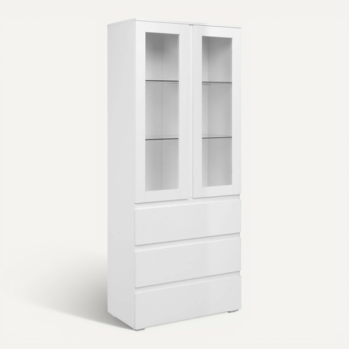 Vaisselier Vitrine Blanc Moderne 2 Portes 3 Tiroirs Alva