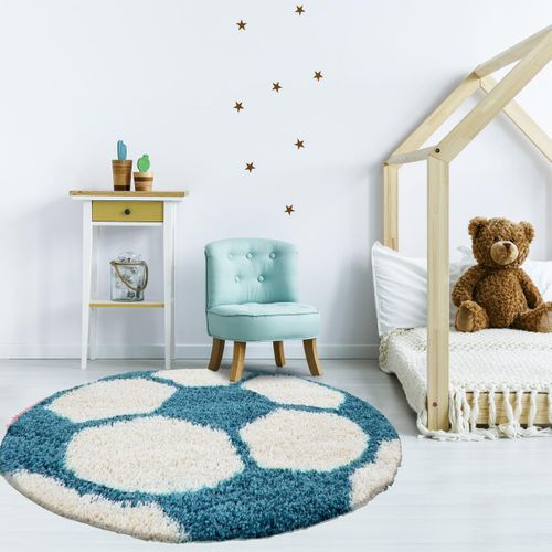 Tapis Enfant D.100cm Rond Tissé Turquoise Et Crème Shaggy Foot