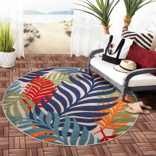 Tapis Rond D'extérieur D.150cm Tissé Kilim Bleu Et Rouge Chimek