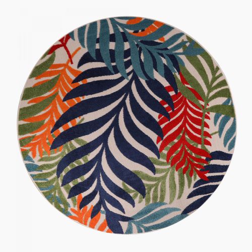 Tapis Rond D'extérieur D.150cm Tissé Kilim Bleu Et Rouge Chimek
