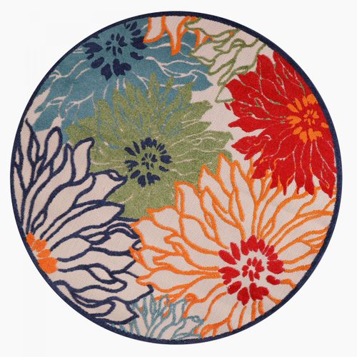 Tapis Rond D'extérieur D.120cm Tissé Kilim Bleu Et Beige Chimeka