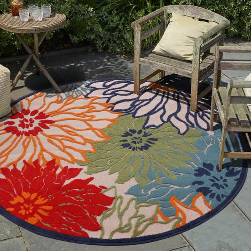 Tapis Rond D'extérieur D.120cm Tissé Kilim Bleu Et Beige Chimeka