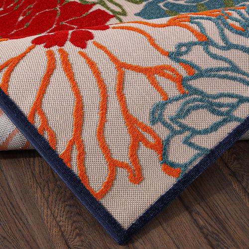 Tapis Rond D'extérieur D.120cm Tissé Kilim Bleu Et Beige Chimeka