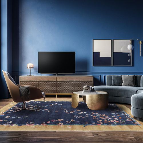 Tapis Salle à Manger 160x230 Tissé Beige Et Bleu Rectangle Motif Floral Vivace 7